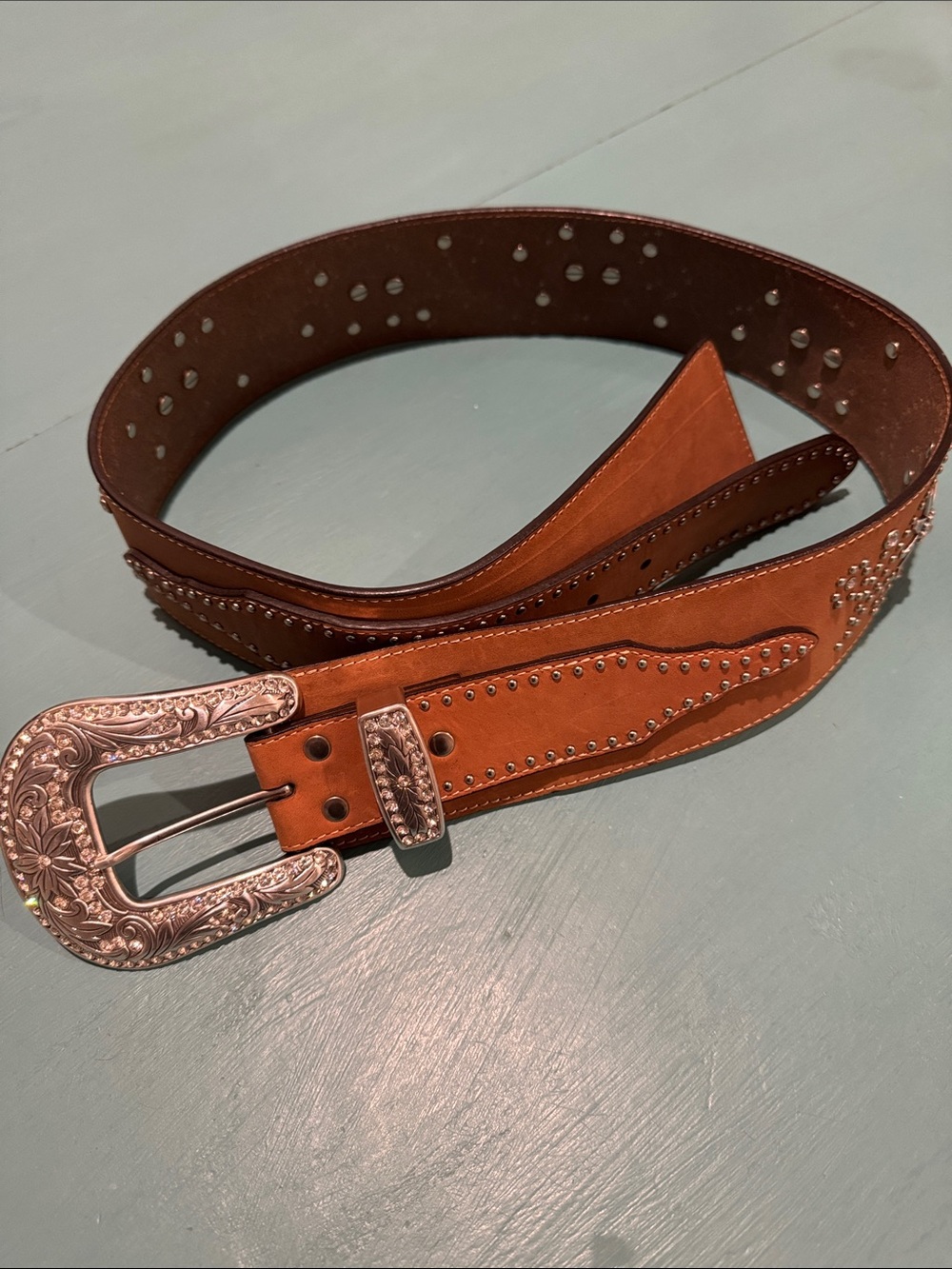Nocona Brown Studded Leather Western Belt with Engraved Silver Buckle
